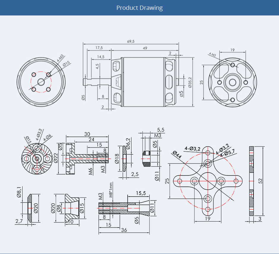 T-Motor AT2826 3D F3A Fixed Wing Long Shaft Brushless Motor-KV900