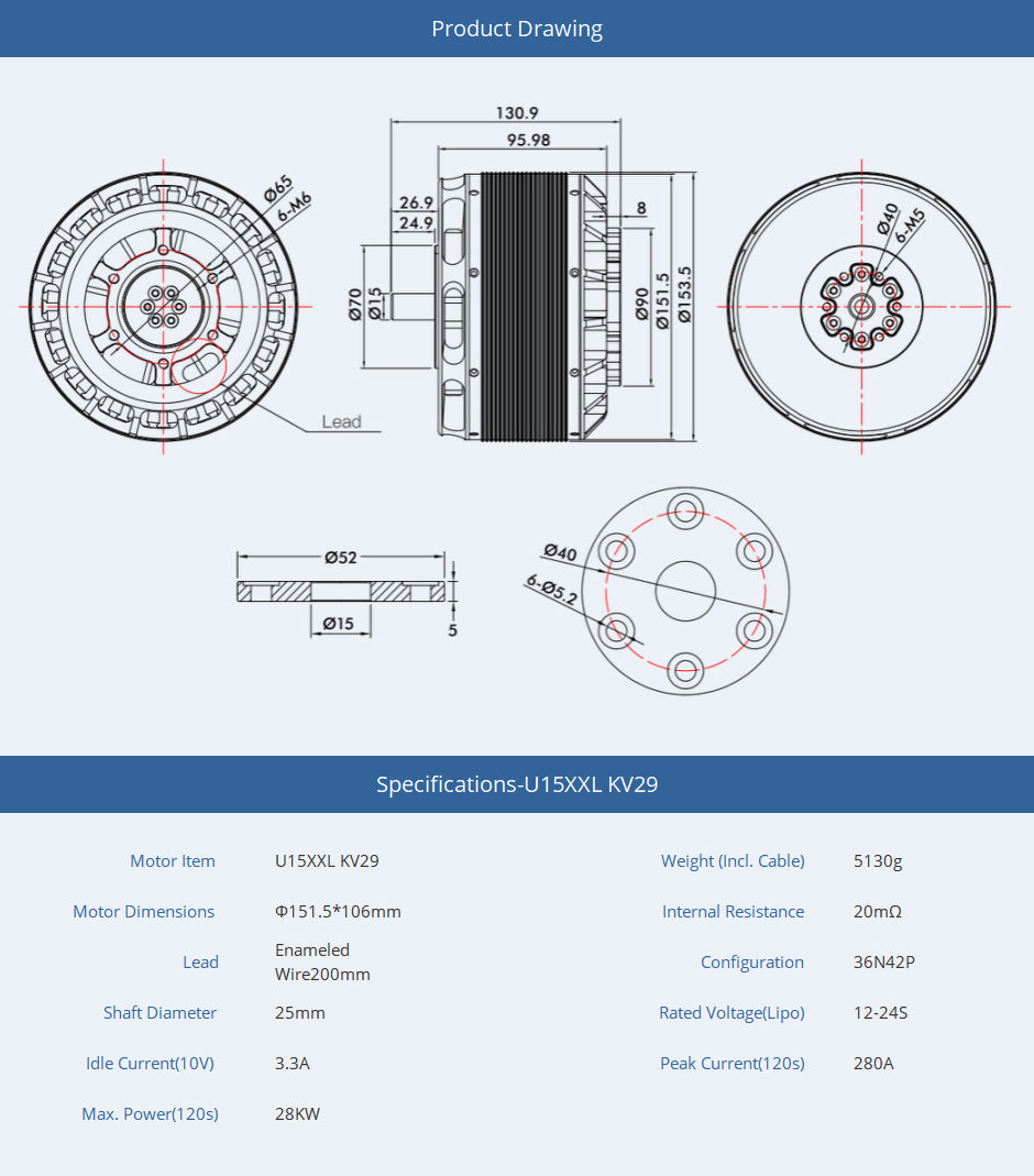 U15XXL Manned Aircraft Type UAV Motor 12-24S 29KV