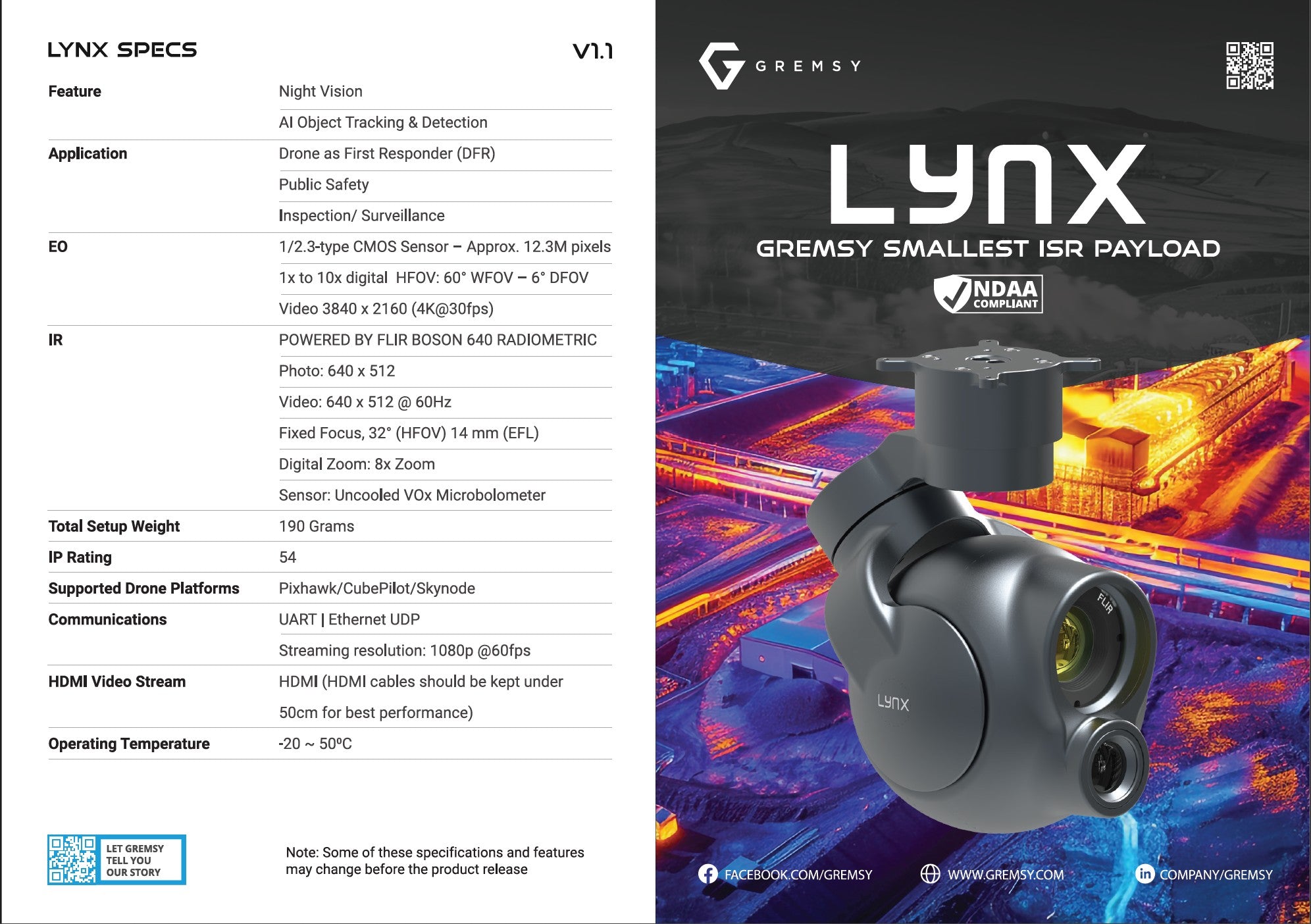 Gremsy LYNX NDAA ISR Payload – EO + IR Thermal Gimbal for UAV