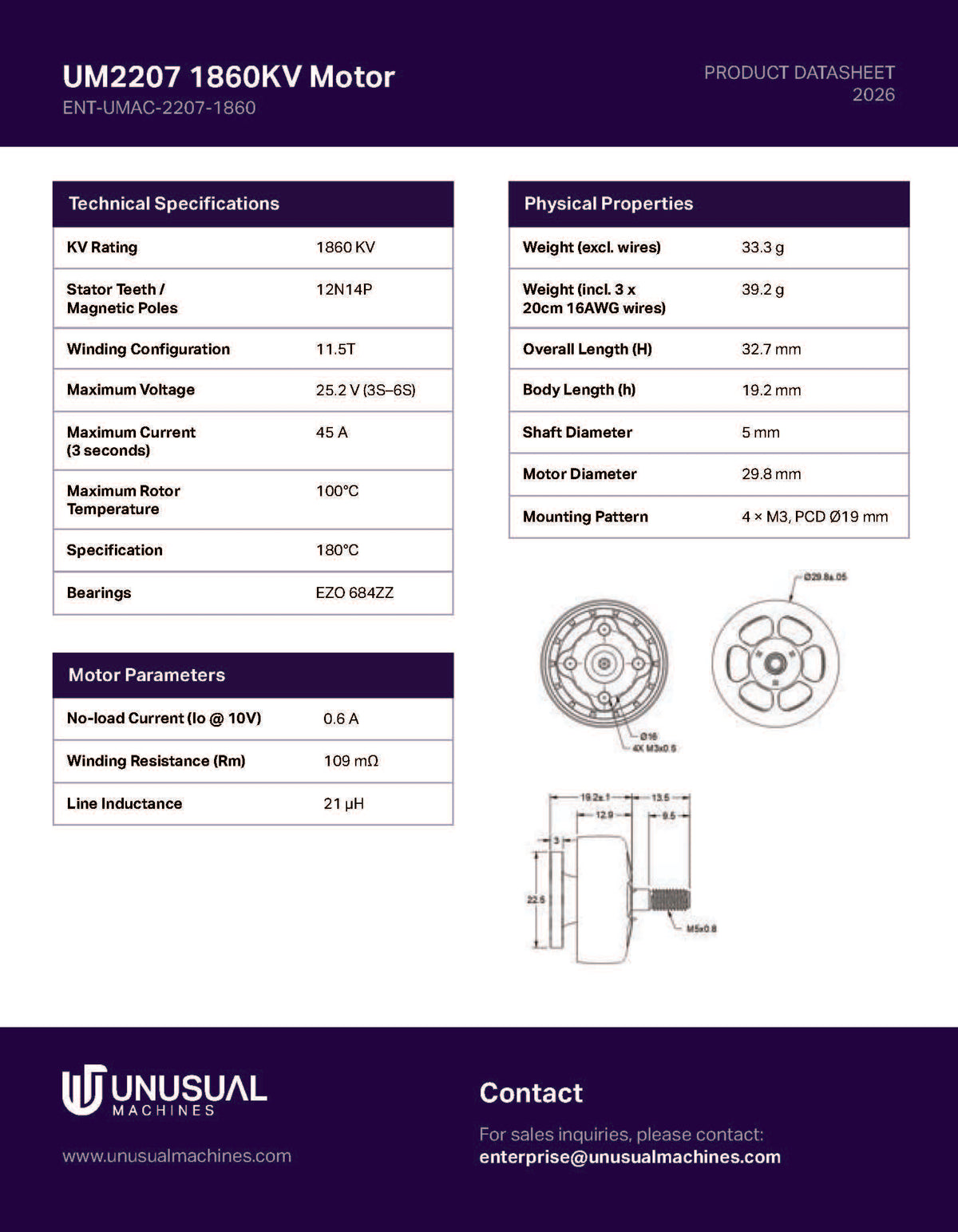 Unusual Machines UM2207 1860KV Motor